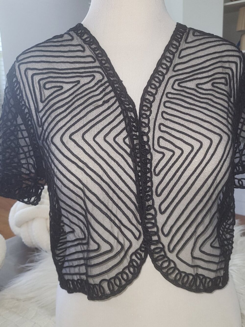 CHICO'S 3 VTG Black Geo Swirls Ribbon Mesh Open Front Cropped Top Jacket XL
